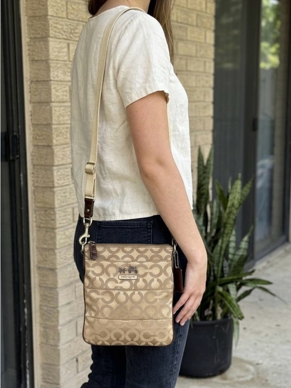 Coach Madison Op Art Signature Jacquard Swingpack Crossbody Beige Brown